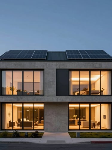 Symmetrical straight-on architectural dusk shot of a modern concrete and glass estate, low-profile solar roof tiles integrated flush with the matte charcoal roofline, warm interior lighting glowing through floor-to-ceiling glass, deep twilight sky.