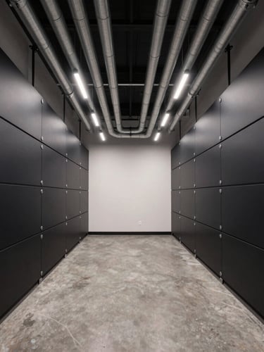 Symmetrical architectural shot of a modern luxury garage interior, featuring flawlessly aligned matte-black Tesla Powerwalls and perfectly parallel steel conduit runs under sharp, low-key lighting.