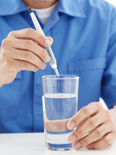 Close-up of a professional technician in a clean blue uniform using a digital TDS meter to test a clear glass of water, bright high-key lighting, sharp focus, 35mm