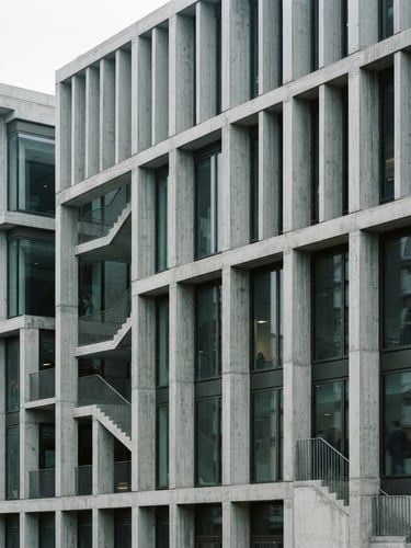 Architectural photography of a modern concrete building facade, clean structural lines, soft overcast daylight, cool desaturated tones, professional editorial style, 35mm