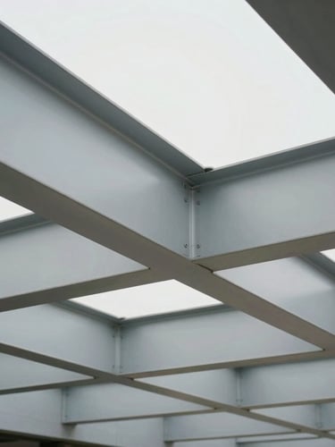 Detail of modern architectural steel beams and raw concrete structure, neutral corporate lighting, sharp focus, professional editorial style