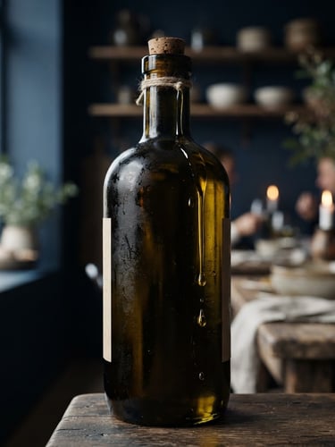 Portrait close-up of a dark glass bottle of olive oil, golden oil dripping down the side, soft natural side-light, elegant minimalist Scandinavian restaurant background.