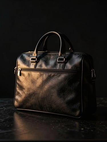 Dramatic low-key studio shot of a premium black corporate bag on a dark reflective surface, sharp golden side-lighting, high contrast, 35mm