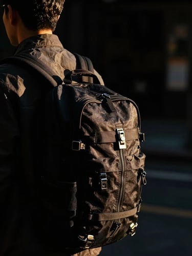 Moody cinematic street photography of a traveler wearing a black utility backpack, sharp golden-hour side-lighting, deep black background, high contrast, 35mm