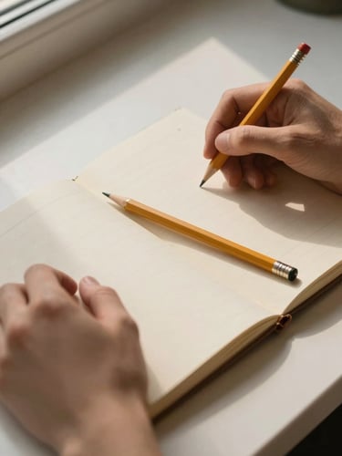 Close-up of two hands resting on an open kraft-paper notebook, a pencil laid diagonally across the page, soft north-facing window light casting gentle shadows, warm off-white surface, no faces