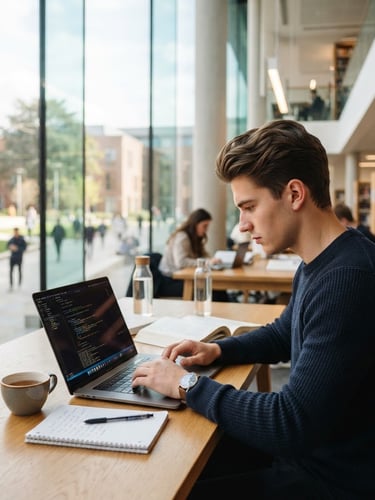 Sebastian in a modern university library, focused on a laptop, with campus architecture visible in the background, bright natural daylight, shallow depth of field