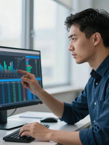 Candid environmental portrait of a technical lead analyzing complex data on a monitor, soft natural window light, deep blue tones, shallow depth of field.
