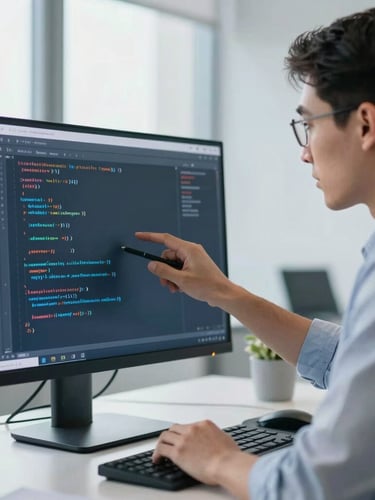 A sharp, medium-close environmental shot of a technical lead analyzing complex code on a vertical monitor in a modern office, soft blue light casting clean reflections.