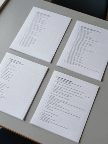 Overhead flat-lay of consolidated meeting notes and printed message threads on a clean slate grey desk surface, cool neutral studio lighting, tight crop showing overlapping document edges and sparse handwritten annotations