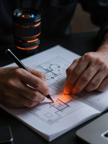 Close-up of hands drafting plans on a black desk, dramatic low-key lighting with sharp orange gel accents, 35mm lens