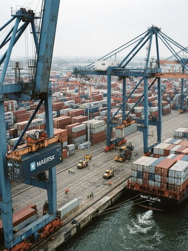 High-angle industrial documentary photograph of container terminal cranes lifting steel shipping containers under overcast daylight, desaturated steel blues, sharp focus