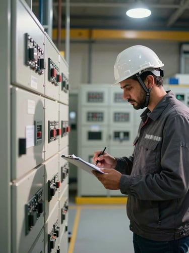 Wide environmental shot inside a UAE industrial facility — a certified technician in a hard hat leans over an open control panel mid-assessment, clipboard in hand, overhead work lights casting sharp shadows across the switchgear. Equipment racks fill the background, slightly out of focus. Framing is from the side, showing the panel face and the technician's concentrated expression. No staged elements, no studio lighting.