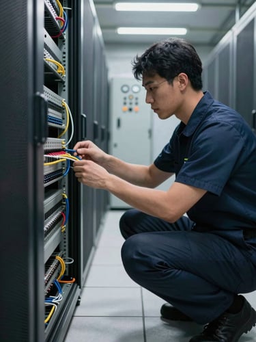 Close-up environmental shot inside a data centre corridor, a certified technician crouching to check cable connections on a resistive load bank unit, overhead fluorescent work lights casting sharp shadows on grey floor tiles, control panel dials visible in background