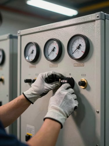 Tight mid-shot of a certified technician's gloved hands adjusting a load bank control panel dial, analogue gauges in the background showing kilowatt readings, overhead fluorescent work lighting casting sharp shadows across the steel fascia, industrial site context