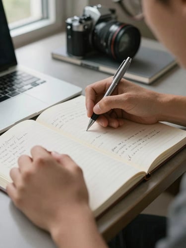 Close-up of a student's hands on an open notebook, pen resting mid-sentence on a page of organized notes, a laptop partially visible at the edge of the frame, natural window light from the left, quiet desk environment