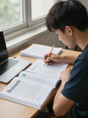 Medium shot from slight above, a student seated at a wooden desk by a window, natural diffuse daylight, working through handwritten notes and a printed university guidebook, pencil in hand, quiet concentration, no clutter except papers and a closed laptop