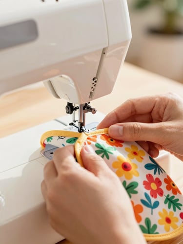 Close-up of hands carefully sewing a colorful floral dog shirt on a vintage sewing machine, bright warm daylight, shallow depth of field