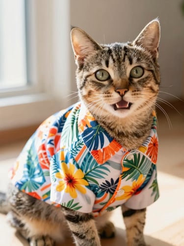 A happy tabby cat wearing a tiny tailored colorful Hawaiian shirt, looking directly at the camera, bright natural light, warm indoor setting