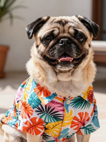 Close-up of a happy pug wearing a custom-tailored colorful tropical shirt, bright natural daylight, Celaya home patio background, eye-level framing