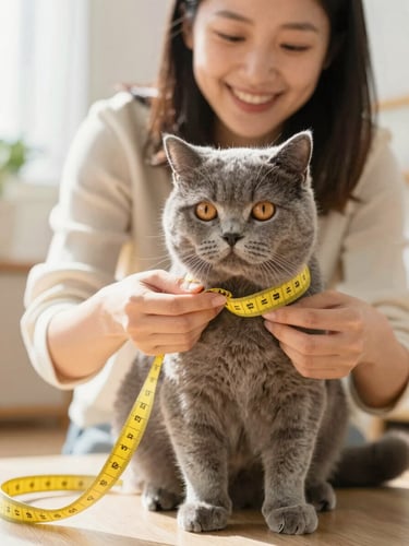 A cheerful owner gently measuring a fluffy gray cat with a soft yellow measuring tape, bright warm indoor lighting, happy atmosphere