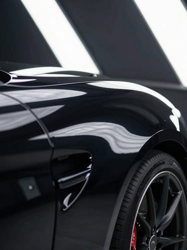 Extreme close-up of a flawless black sports car fender reflecting overhead white LED light grids in a sterile, dark detailing bay, high-contrast studio lighting, sharp reflections.
