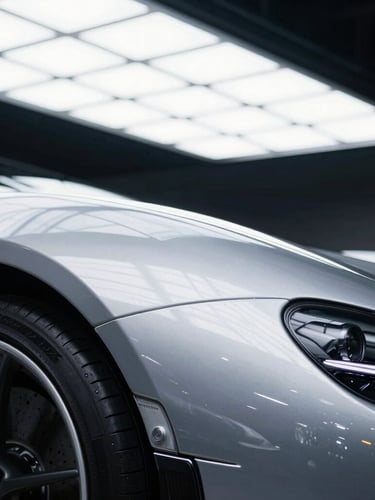 Extreme close-up of a high-end sports car fender under a bright white LED inspection grid, showing a flawless, liquid-like silver reflection with absolute clarity.