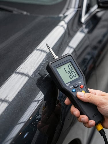 Technical close-up of a digital paint depth gauge showing micro-level thickness on a flawless black car panel, bright white LED grid reflection on the metallic surface.