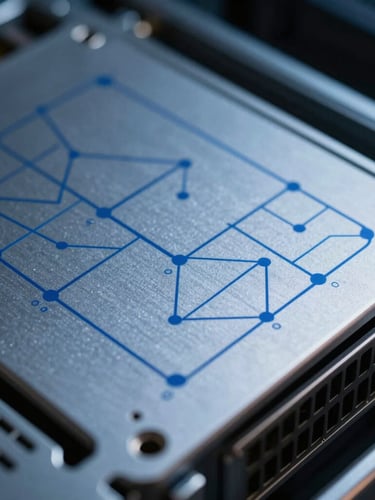 Macro close-up of high-end server hardware in a cool-toned data center, sharp shadows, deep blue mathematical blueprint lines projected onto the metallic surfaces.