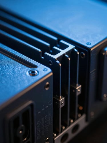 Extreme macro close-up of high-end server hardware, cool-toned blue light reflecting off structural metallic fins, dark shadows, architectural precision