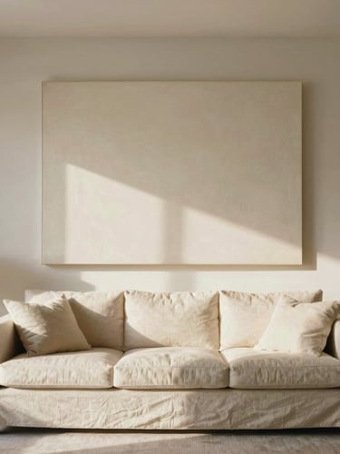 A grand, sun-drenched minimalist living room with a large 40x60 canvas hanging above a low-profile linen sofa, warm afternoon shadows, medium format film.