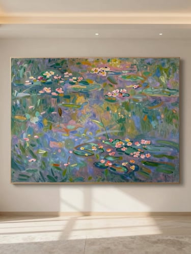 A large-scale Claude Monet water lilies canvas hung in a sun-drenched, minimalist luxury living room, soft warm afternoon sunlight with long shadows, medium format film