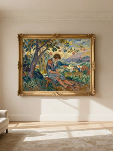 A large-scale Pierre-Auguste Renoir canvas reproduction framed in an elegant, sun-drenched living room with high ceilings, warm alabaster walls, soft linen textures, natural afternoon sunlight casting long shadows.