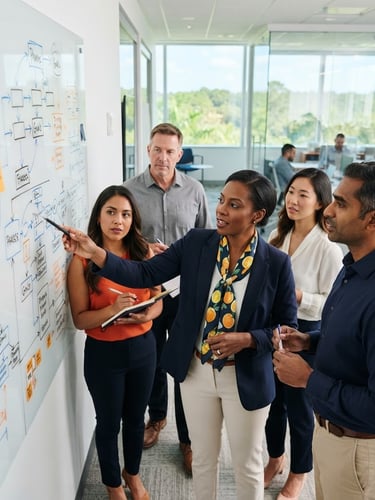Collaborative workshop in a modern, bright office, diverse team focused on a whiteboard with structured diagrams, natural Florida daylight, crisp and clean.