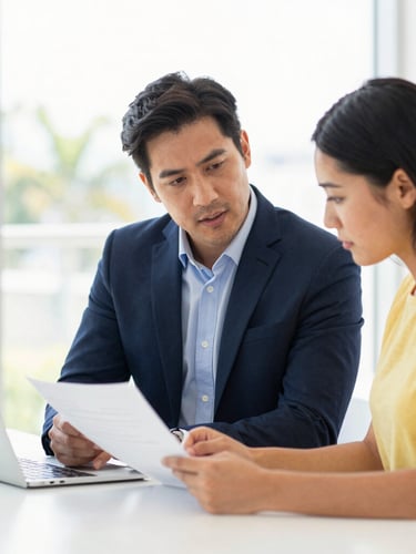 Bright, high-key photograph of a consultant actively engaging with a small business owner over a planning document, both looking focused and collaborative, modern office setting, natural Florida daylight.