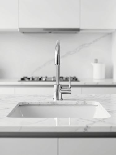 Straight-on close-up of an immaculate kitchen counter, polished white marble, bright high-key natural daylight, crisp black and white tones.