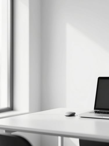 Sharp architectural focus on a dust-free office workspace, minimalist desk setup, bright natural daylight, clean lines, black and white tones.