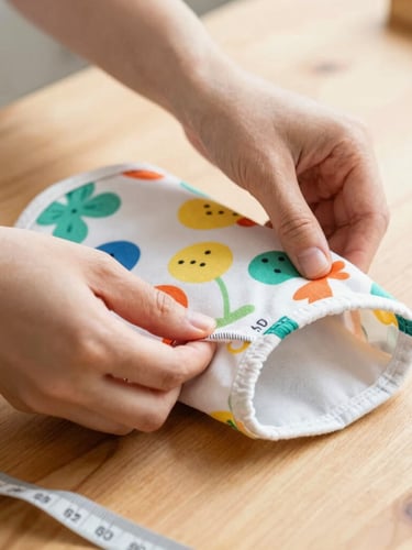 Close-up of hands carefully tailoring a small colorful cotton pet shirt on a wooden table, measuring tape nearby, warm natural light, shallow depth of field, 35mm