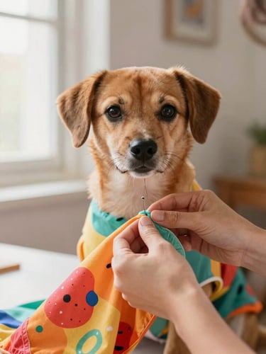 Close-up of hands sewing a colorful pet garment in a warm family workshop in Celaya, soft natural window light, editorial style