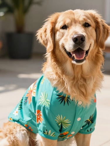 A happy golden retriever wearing a colorful tropical teal pet shirt, sitting on a sunny patio, warm editorial photography, bright natural daylight
