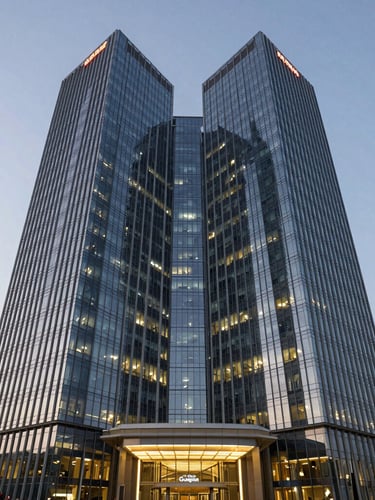 Symmetrical wide-angle shot of a modern glass office skyscraper in Gurgaon during twilight, sleek architectural lighting, clean corporate lines, 35mm photography