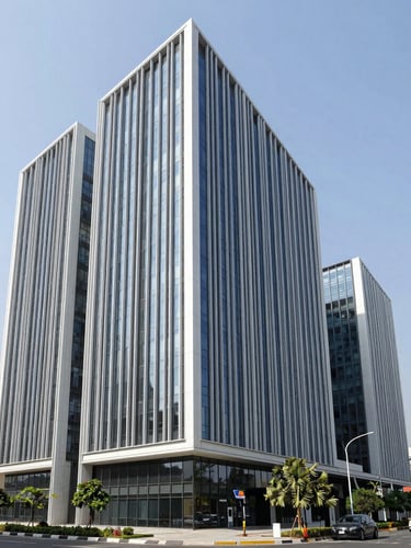 Sleek modern corporate real estate office building in Gurgaon, bright natural daylight, sharp architectural focus