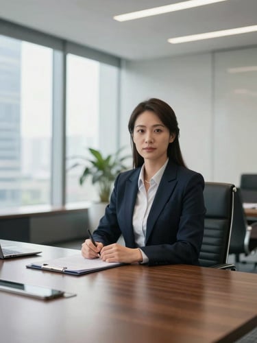 Professional real estate advisor in a sleek corporate boardroom, natural daylight, sophisticated atmosphere, architectural background