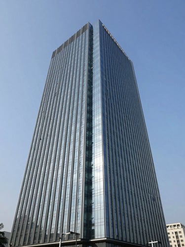Sleek modern real estate office tower in Gurgaon, bright natural daylight, sharp focus, 35mm architectural photography