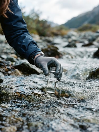 Documentary conservation photography of a marine biologist taking water samples from a cold mountain stream, crisp natural overcast daylight, cool desaturated blues and slate grays, 35mm lens, close-up on scientific glass vial