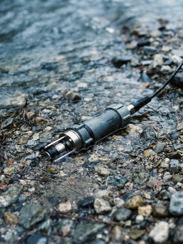 A close-up documentary shot of a water quality sensor submerged in clear river gravel, natural overcast daylight, cool desaturated blue tones, 35mm lens