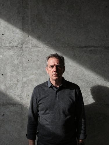 Minimal portrait photograph of a seasoned architect with a severe, thoughtful expression, standing against a textured raw concrete wall, illuminated by harsh geometric shadows from a low-angle natural light source, desaturated charcoal tones, wide-angle lens, 35mm
