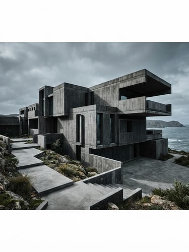 Wide panoramic view of a brutalist concrete residence exterior, sharp geometric shadows, overcast moody daylight, no people, minimalist aesthetic.