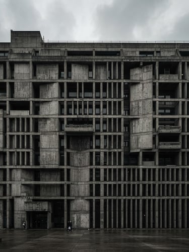 Wide-angle architectural photograph of a massive, unadorned raw concrete commercial building facade, emphasizing geometric shadows and structural honesty under overcast daylight, desaturated charcoal tones.