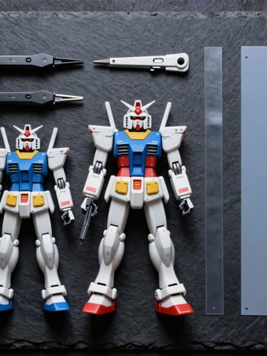 Top-down flat lay of clean plastic Gundam runners, precision sprue-cutters, and panel liners arranged on a dark matte slate cutting mat under cool studio lighting.