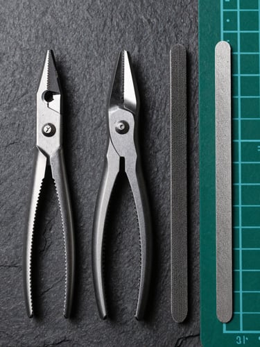 Macro top-down flat lay of professional sprue-cutters, sanding files, and a green cutting mat under cool studio light, matte slate background